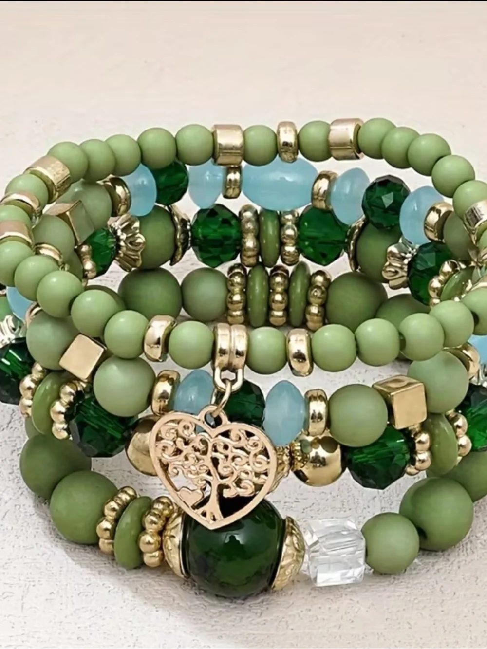 New Gold-Accent Green Bead Stack Bracelet Set